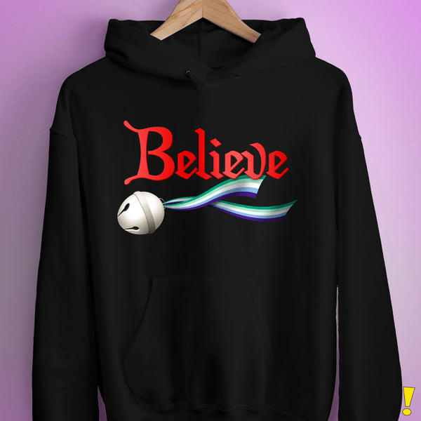 Believe Gay Male Pride Flag Jingle Bell Hoodie - Black